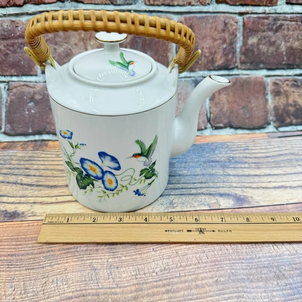 Vintage Tea Pot Japan Morning Glory Hummingbird Bird Bamboo Handle Gold Trim